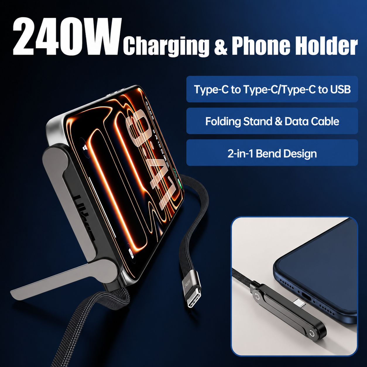 2-in-1 Fast Charging Cable with Phone Stand | 240W USB-C